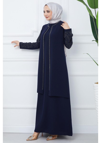 Kolları Taşlı Büyük Beden Anne Elbisesi Lacivert HM2349 fiyatları