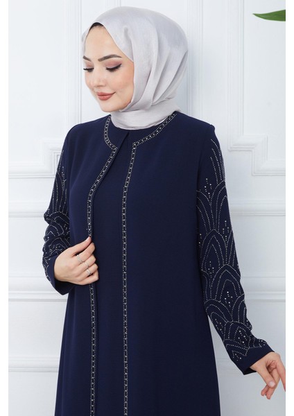 Kolları Taşlı Büyük Beden Anne Elbisesi Lacivert HM2349 modelleri