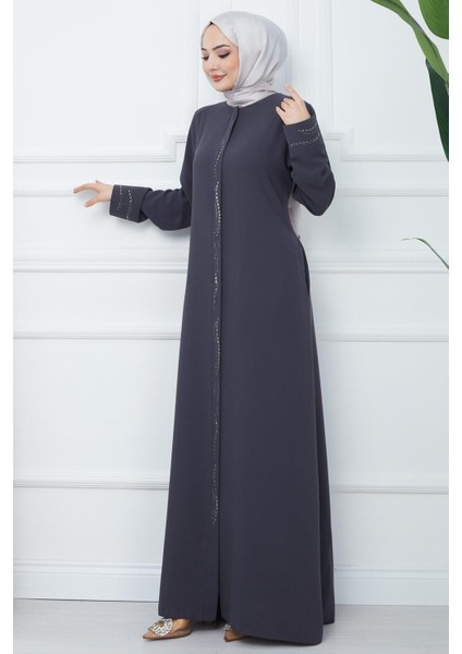 Petek Kumaş Büyük Beden Taşlı Ferace Füme HM2352 modelleri