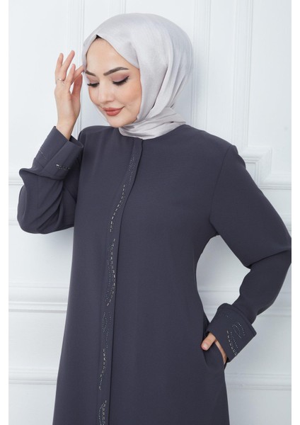 Petek Kumaş Büyük Beden Taşlı Ferace Füme HM2352 fırsatları