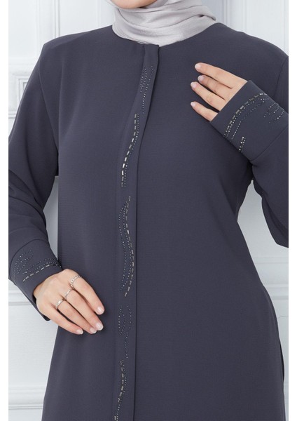 Petek Kumaş Büyük Beden Taşlı Ferace Füme HM2352 indirimleri