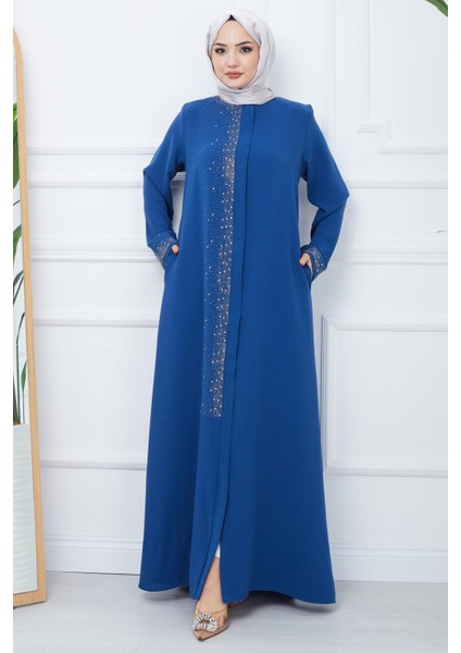 Işıl Taş Detaylı Büyük Beden Ferace Indigo HM2351