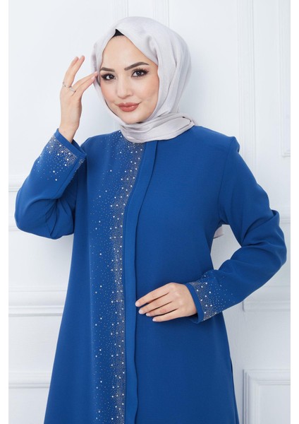 Işıl Taş Detaylı Büyük Beden Ferace Indigo HM2351