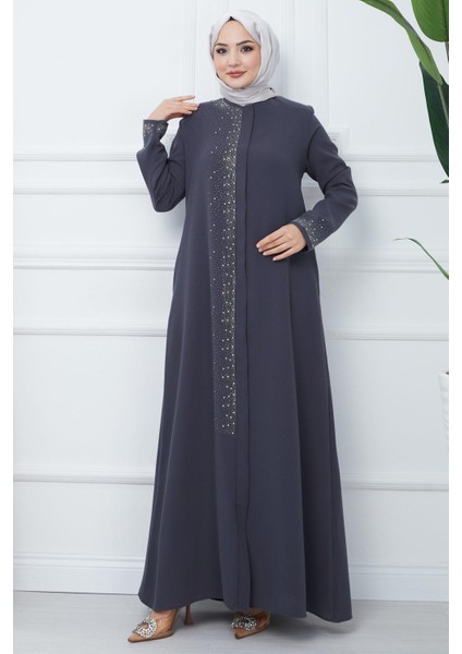 Işıl Taş Detaylı Büyük Beden Ferace Füme HM2351 fiyatları