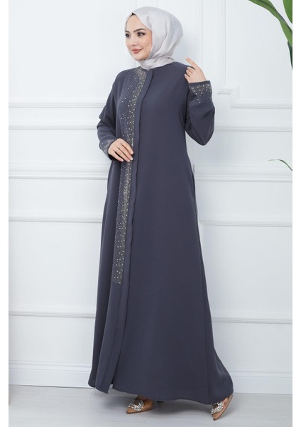 Işıl Taş Detaylı Büyük Beden Ferace Füme HM2351 modelleri