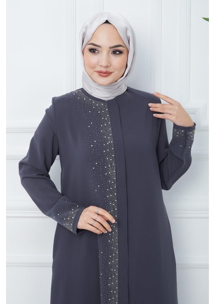 Işıl Taş Detaylı Büyük Beden Ferace Füme HM2351 fırsatları