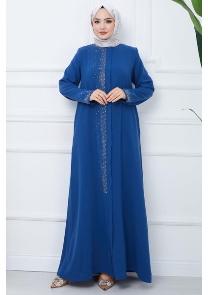 Işıl Taş Detaylı Büyük Beden Ferace Indigo HM2351