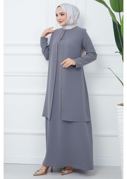 Kolları Taşlı Büyük Beden Anne Elbisesi Gri HM2349