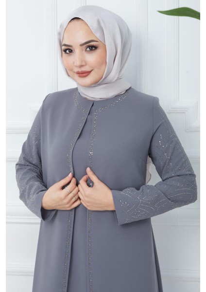 Kolları Taşlı Büyük Beden Anne Elbisesi Gri HM2349