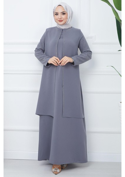 Kolları Taşlı Büyük Beden Anne Elbisesi Gri HM2349