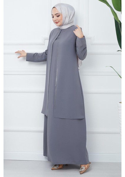Kolları Taşlı Büyük Beden Anne Elbisesi Gri HM2349