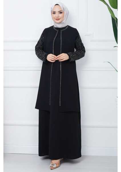 Kolları Taşlı Büyük Beden Anne Elbisesi Siyah HM2349