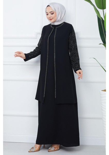Kolları Taşlı Büyük Beden Anne Elbisesi Siyah HM2349 fiyatları