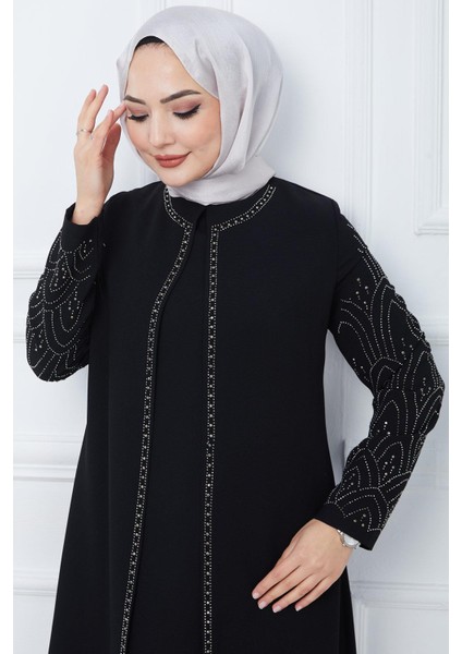 Kolları Taşlı Büyük Beden Anne Elbisesi Siyah HM2349 modelleri