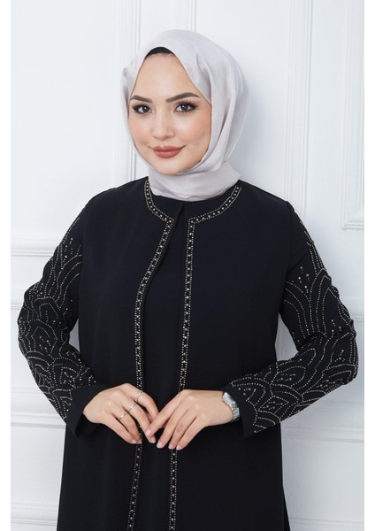 Kolları Taşlı Büyük Beden Anne Elbisesi Siyah HM2349 fırsatları