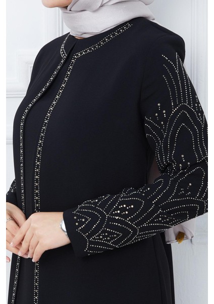 Kolları Taşlı Büyük Beden Anne Elbisesi Siyah HM2349 indirimleri