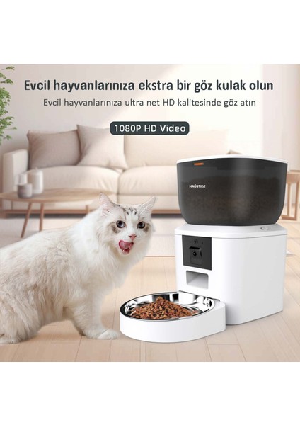 QQ029 Kameralı 1080P Gece Görüş, Akıllı Kedi Köpek Mama Kabı, 2.4ghz/5ghz, 4lt, Metal Kase