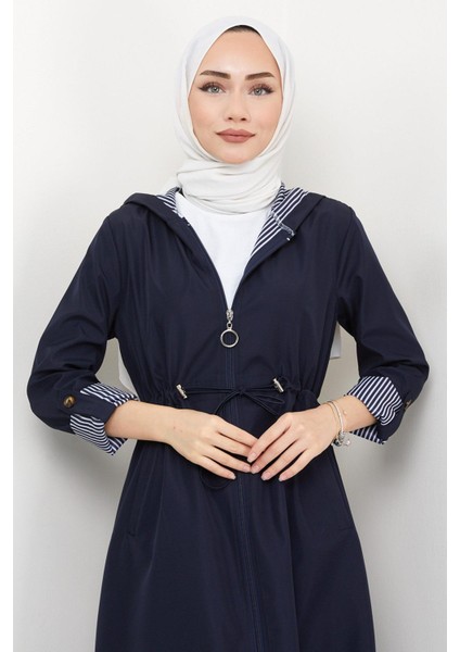 Kapüşonlu Çizgili Uzun Trençkot Lacivert HM2332 modelleri