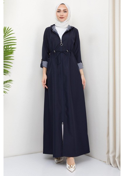 Kapüşonlu Çizgili Uzun Trençkot Lacivert HM2332 fırsatları