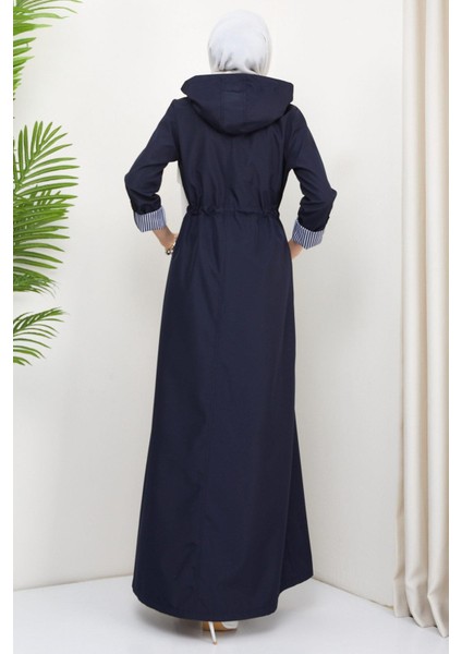 Kapüşonlu Çizgili Uzun Trençkot Lacivert HM2332 indirimleri