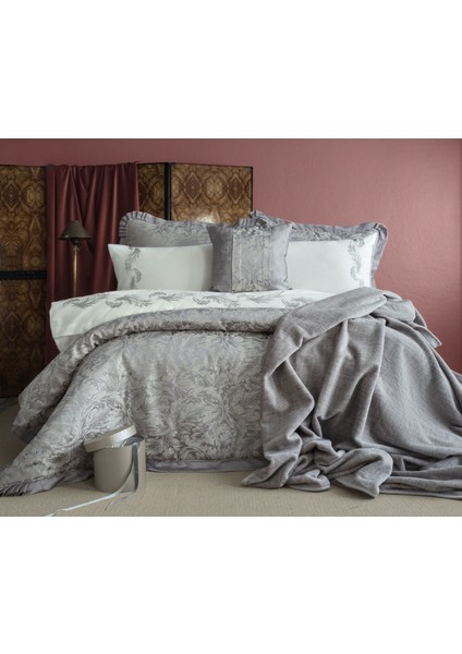 Gala Gri Çeyiz Seti Battaniyeli %100 Pamuk Nevresim 10 Parça