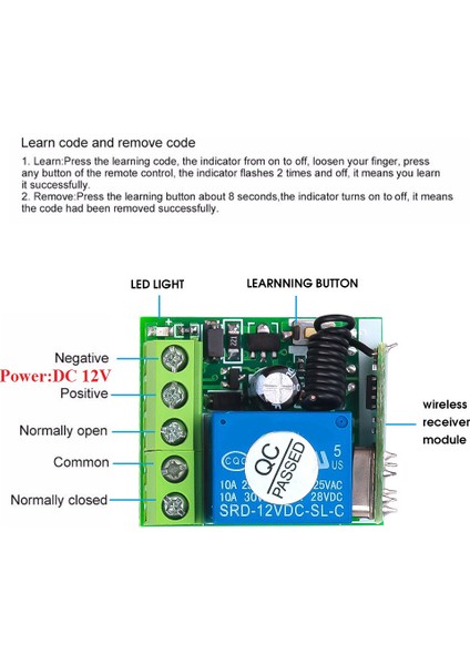 Dc 12 V 1ch Rf Röle Alıcı 433 Mhz Evrensel Kablosuz Uzaktan Kumanda Anahtarı 433 Mhz Verici Düğme Modülü Dıy Kiti (Yurt Dışından)