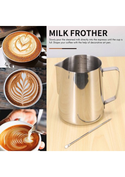 Süt Sürahisi, 900 ml El Kahve Kreması Süt Köpürtme Sürahi Sürahi Fincan Ölçüm Işareti ve Latte Sanat Kalemi, Barista Cappuccino Espresso Yapımı Için Mükemmel Süt Sürahi Sürahileri (Yurt Dışından)