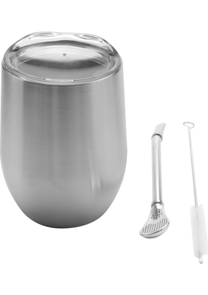 Çift Duvar Paslanmaz Yerba Kabak Mate Çay Seti Su Mate Çay Kapaklı Bardak Kaşık Saman Bombilla Kafa Filtre Fırçası, Gümüş (Yurt Dışından)