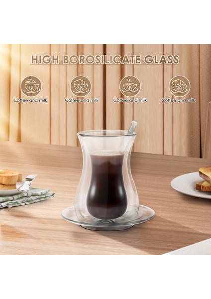 Kahve Fincan Seti ile Tabak ve Cam Kaşık Isı Koruma Çift Cam Şeffaf Siyah Çay Bardağı Ev Çay Bardağı (Yurt Dışından) indirimleri