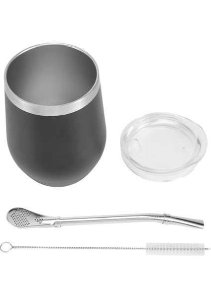 Çift Duvar Paslanmaz Yerba Kabak Mate Çay Seti Su Mate Çay Kapaklı Bardak Kaşık Saman Bombilla Kafa Filtre Fırçası, Siyah (Yurt Dışından)