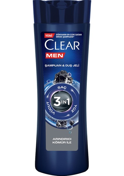 Men 3 in 1 Şampuan & Duş Jeli Arındırıcı Kömür Saç Yüz Vücut İçin 350 ml