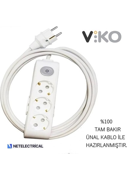 Multi-Let 3'lü Anahtarlı 12 Metre Topraklı Çocuk Korumalı Kablolu Grup Priz