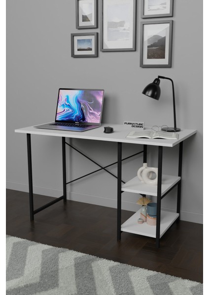 2 Raflı Metal Ahşap Ofis Bilgisayar Çalışma Masası 60X120 - Beyaz