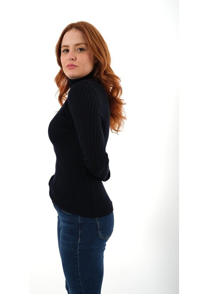 Lacivert Fitilli Kadın Balıkçı Yaka Yün Triko Kazak TRIST-6157