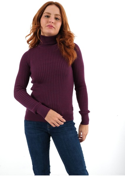 Mürdüm Fitilli Kadın Balıkçı Yaka Yün Triko Kazak TRIST-6157