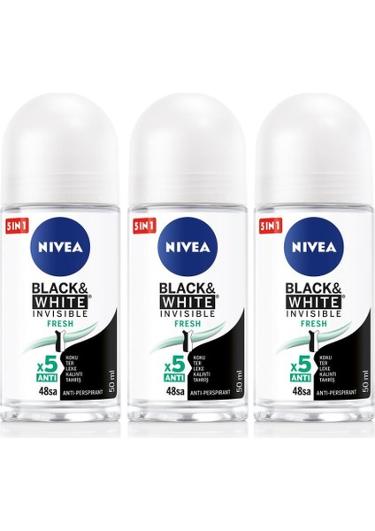 Black & White Invisible Fresh Kadın Roll-On Deodorant 50 ml x 3 Adet, 48 Saat Koruma
