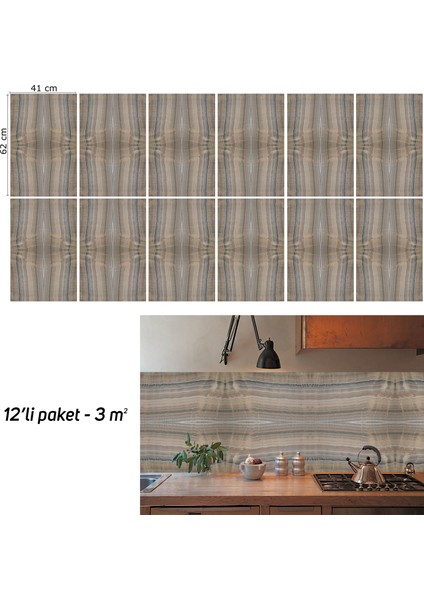 Kendinden Yapışkanlı Kahve Sıralı Mermer Desenli Pvc Panel 41X62 cm (12 Adet) 3 M²