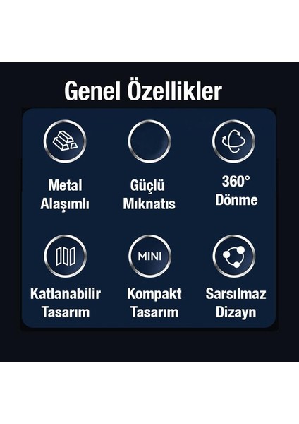 Metal Araç Içi Torpido Üstü Magsafeli Telefon Tutucu, 360 Derece Dönen Katlanabilir Tutucu