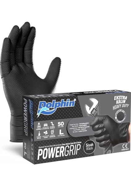 Powergrip Ekstra Kalın Siyah Nitril Eldiven (L) 50LI Paket