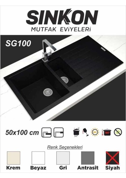 SİNKON Siyah Granit Evye 50x100 / 1,5 Göz - SG100 - Sinkon
