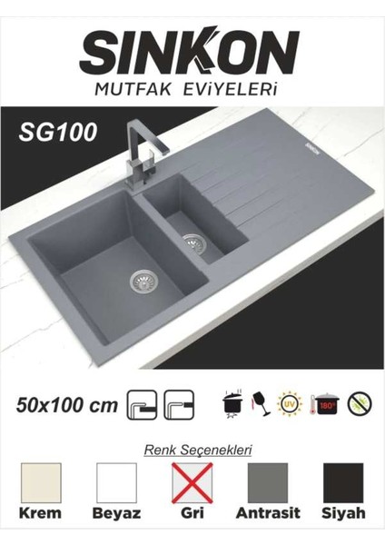 SİNKON Gri Granit Evye 50x100 / 1,5 Göz - SG100 - Sinkon