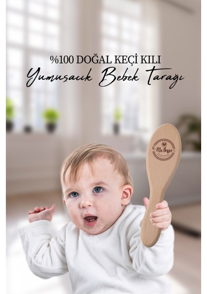 % 100 Doğal Keçi Kılı Bebek Saç Fırçası ve Doğal Ahşap Tarak 2'li Anne Bebek Bakım Seti