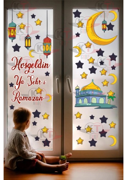 Mübarek Ramazan Ayı Cam Duvar Süsleri 100 cm Hoşgeldin Ramazan Sticker Seti