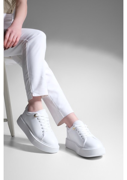 Kadın Sneaker Kalın Taban Altın Toka Detaylı Bağcıklı Spor Ayakkabı Rofke Beyaz fiyatları