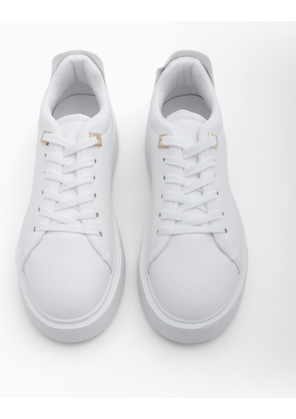 Kadın Sneaker Kalın Taban Altın Toka Detaylı Bağcıklı Spor Ayakkabı Rofke Beyaz indirimleri