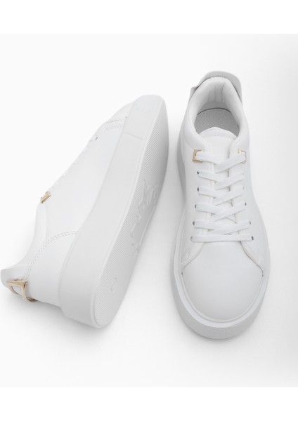 Kadın Sneaker Kalın Taban Altın Toka Detaylı Bağcıklı Spor Ayakkabı Rofke Beyaz