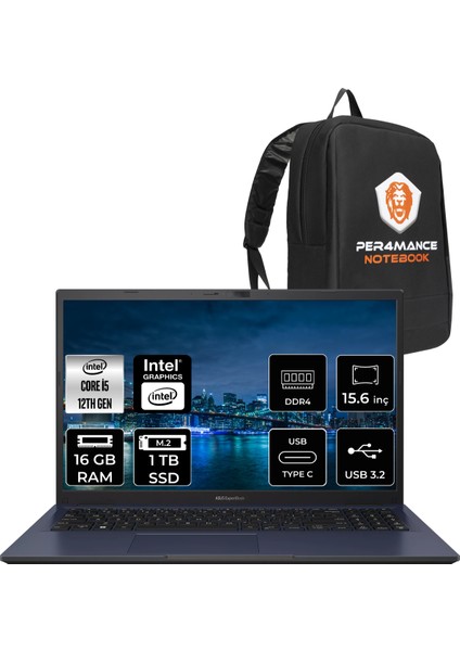 Expertbook Intel Core I5 1235U 16GB 1tb SSD 15.6" Fhd Fdos Taşınabilir Bilgisayar B1502CBA-BQ0254 & Per4 Çanta BQ0254P44