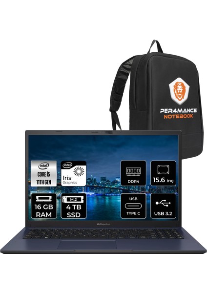 Expertbook Intel Core I5 1135G7 16GB 4tb SSD 15.6'' Fhd Fdos Taşınabilir Bilgisayar B1500CEAE-BQ4167 & Per4 Çanta BQ4167P53