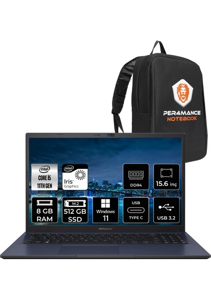 Expertbook Intel Core I5 1135G7 8gb 512GB SSD 15.6'' Fhd W11H Taşınabilir Bilgisayar B1500CEAE-BQ4167 & Per4 Çanta BQ4167P65