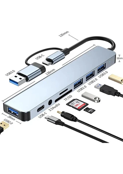 8 In 1 USB Type-C USB 2.0/3.0 Audio 3.5 Tf Sd Çevirici Adaptör Çok Portlu Çoklayıcı USB Hub